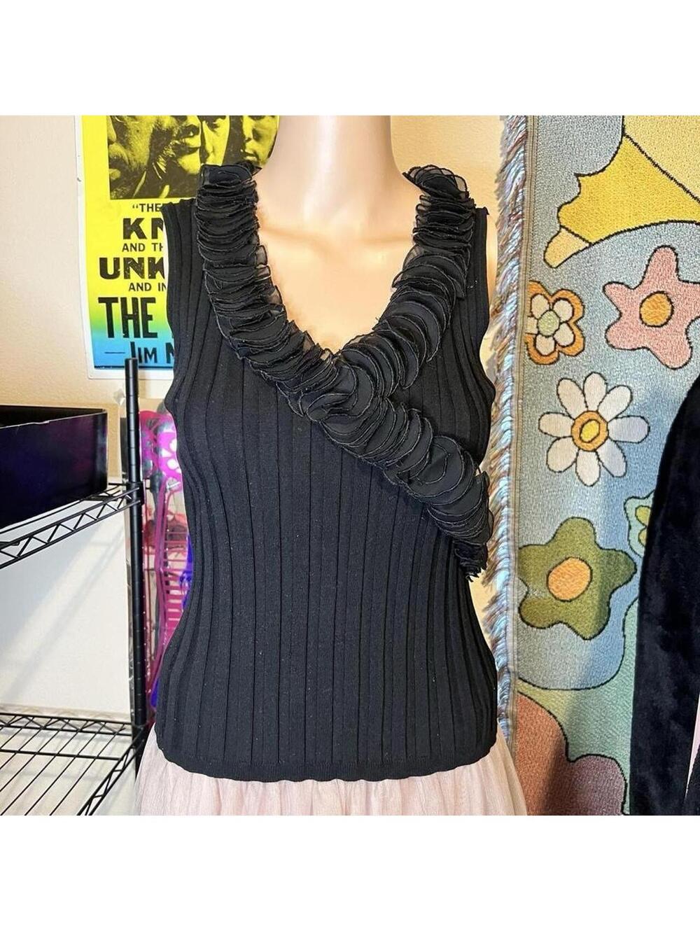 Avant Garde Black Ribbed Silk Ruffle Tank Top